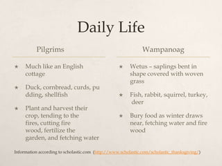 Daily LifePilgrims	Much like an English cottageDuck, cornbread, curds, pudding, shellfishPlant and harvest their crop, tending to the fires, cutting fire wood, fertilize the garden, and fetching waterWampanoagWetus – saplings bent in shape covered with woven grassFish, rabbit, squirrel, turkey, deerBury food as winter draws near, fetching water and fire woodInformation according to scholastic.com  (http://www.scholastic.com/scholastic_thanksgiving/)