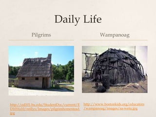 Daily LifePilgrimsWampanoaghttp://www.bostonkids.org/educators/wampanoag/images/sa-wetu.jpghttp://ed101.bu.edu/StudentDoc/current/ED101fa10/reillys/Images/pilgrimhomestead.jpg