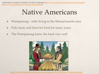 Native AmericansWampanoag – tribe living in the Massachusetts areaFish, hunt, and farm for food for many yearsThe Wampanoag knew the land very wellInformation according to scholastic and native-languages (http://www.native-languages.org/wampanoag.htm) (http://www.scholastic.com/scholastic_thanksgiving)http://www.foodgarbl.com/wp-content/uploads/2010/04/First_Thanksgiving.jpg