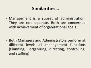 Similarities…
• Management is a subset of administration.
They are not separate. Both are concerned
with achievement of organizational goals.
• Both Managers and Administrators perform at
different levels all management functions
(Planning, organizing, directing, controlling,
and staffing)
 