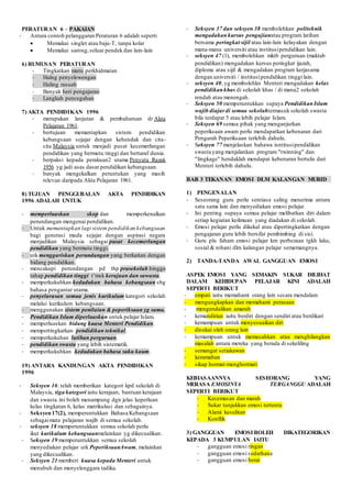 PERATURAN 6 – PAKAIAN
- Antara contoh pelanggaran Peraturan 6 adalah seperti
 Memakai singlet atau baju-T, tanpa kolar
 Memakai sarong,seluar pendek dan lain-lain
6) RUMUSAN PERATURAN
- Tingkatkan mutu perkhidmatan
- Halng penyelewengan
- Haling rasuah
- Banyak beri pengajaran
- Langkah pencegahan
7) AKTA PENDIDIKAN 1996
- merupakan lanjutan & pembaharuan dr Akta
Pelajaran 1961.
- bertujuan memantapkan sistem pendidikan
kebangsaan sejajar dengan kehendak dan cita-
cita Malaysia untuk menjadi pusat kecemerlangan
pendidikan yang bermutu tinggi dan bertaraf dunia.
- berpaksi kepada perakuan2 utama Penyata Razak
1956 yg jadi asas dasar pendidikan kebangsaan.
- banyak mengekalkan peruntukan yang masih
relevan daripada Akta Pelajaran 1961.
8) TUJUAN PENGGUBALAN AKTA PENDIDIKAN
1996 ADALAH UNTUK
- memperluaskan skop dan memperkenalkan
perundangan mengenai pendidikan.
- Untuk memantapkan lagi sistem pendidikan kebangsaan
bagi generasi muda sejajar dengan aspirasi negara
menjadikan Malaysia sebagai pusat kecemerlangan
pendidikan yang bermutu tinggi.
- utk menggariskan perundangan yang berkaitan dengan
bidang pendidikan.
- mencakupi perundangan pd thp prasekolah hingga
tahap pendidikan tinggi t’msk kerajaan dan sawasta.
- memperkukuhkan kedudukan bahasa kebangsaan sbg
bahasa pengantar utama.
- penyelarasan semua jenis kurikulum kategori sekolah
melalui kurikulum kebangsaan.
- menggunakan sistem penilaian & peperiksaan yg sama.
- Pendidikan Islam diperluaskan untuk pelajar Islam.
- memperluaskan bidang kuasa Menteri Pendidikan.
- mempertingkatkan pendidikan teknikal.
- memperkukuhan latihan perguruan.
- pendidikan swasta yang lebih sistematik.
- memperkukuhkan kedudukan bahasa suku kaum.
19) ANTARA KANDUNGAN AKTA PENDIDIKAN
1996
- Seksyen 16: telah memberikan kategori kpd sekolah di
Malaysia, tiga kategori iaitu kerajaan, bantuan kerajaan
dan swasta.ini boleh menampung dgn jelas keperluan
kelas tingkatan 6, kelas matrikulasi dan sebagainya.
- Seksyen17(2), memperuntukkan Bahasa Kebangsaan
sebagaimata pelajaran wajib di semua sekolah.
- seksyen 18 memperuntukkan semua sekolah perlu
ikut kurikulum kebangsaanmelainkan yg dikecualikan.
- Seksyen 19 memperuntukkan semua sekolah
menyediakan pelajar utk PeperiksaanAwam, melainkan
yang dikecualikan.
- Seksyen 21 memberi kuasa kepada Menteri untuk
menubuh dan menyelenggara tadika.
- Seksyen 37 dan seksyen 38 membolehkan politeknik
mengadakan kursus pengajianatau program latihan
bersama peringkat sijil atau lain-lain kelayakan dengan
mana-mana universiti atau institusipendidikan lain.
- seksyen 47 (1), membolehkan mktb perguruan (maktab
pendidikan) mengadakan kursus peringkat ijazah,
diploma atau sijil & mengadakan program kerjasama
dengan universiti / institusipendidikan tinggi lain.
- seksyen 40, yg membolehkn Menteri mengadakan kelas
pendidikankhas di sekolah khas / di mana2 sekolah
rendah atau menengah.
- Seksyen 50 memperuntukkan supaya PendidikanIslam
wajib diajar di semua sekolahtermasuk sekolah swasta
bila terdapat 5 atau lebih pelajar Islam.
- Seksyen 69 semua pihak yang menganjurkan
peperiksaan awam perlu mendapatkan kebenaran dari
Pengarah Peperiksaan terlebih dahulu.
- Seksyen 77 menjelaskan bahawa isntitusipendidikan
swasta yang menjalankan program "twinning" dan
"lingkage" hendaklah mendapat kebenaran bertulis dari
Menteri terlebih dahulu.
BAB 3 TEKANAN EMOSI DLM KALANGAN MURID
1) PENGENALAN
- Seseorang guru perlu sentiasa saling menerima antara
satu sama lain dan menyediakan emosi pelajar.
- Ini penting supaya semua pelajar melibatkan diri dalam
setiap kegiatan keilmuan yang diadakan di sekolah.
- Emosi pelajar perlu dikekal atau dipertingkatkan dengan
pengajaran guru lebih bersifat pembimbing di sisi.
- Guru plu faham emosi pelajar krn perbezaan tgkh laku,
sosial & rohani dlm kalangan pelajar sememangnya.
2) TANDA-TANDA AWAL GANGGUAN EMOSI
ASPEK EMOSI YANG SEMAKIN SUKAR DILIHAT
DALAM KEHIDUPAN PELAJAR KINI ADALAH
SEPERTI BERIKUT
- empati iaitu memahami orang lain secara mendalam
- mengungkapkan dan memahami perasaan
- mengendalikan amarah
- kemandirian iaitu berdiri dengan sendiri atau berdikari
- kemampuan untuk menyesuaikan diri
- disukai oleh orang lain
- kemampuan untuk memecahkan atau menghilangkan
masalah antara mereka yang berada di sekeliling
- semangat setiakawan
- keramahan
- sikap hormat-menghormati
KEBIASAANNYA SESEORANG YANG
MERASA EMOSINYA TERGANGGU ADALAH
SEPERTI BERIKUT
- Kecemasan dan marah
- Sukar tunjukkan emosi tertentu
- Alami kesulitan
- Konflik
3) GANGGUAN EMOSI BOLEH DIKATEGORIKAN
KEPADA 3 KUMPULAN IAITU
- gangguan emosi ringan
- gangguan emosi sedarhana
- gangguan emosi berat
 