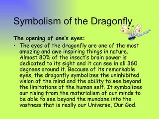 Symbolism of the Dragonfly
T
The opening of one’s eyes:
• The eyes of the dragonfly are one of the most
  amazing and awe inspiring things in nature.
  Almost 80% of the insect’s brain power is
  dedicated to its sight and it can see in all 360
  degrees around it. Because of its remarkable
  eyes, the dragonfly symbolizes the uninhibited
  vision of the mind and the ability to see beyond
  the limitations of the human self. It symbolizes
  our rising from the materialism of our minds to
  be able to see beyond the mundane into the
  vastness that is really our Universe, Our God.
 