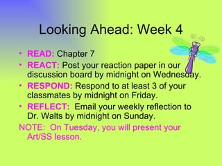 Looking Ahead: Week 4
• READ: Chapter 7
• REACT: Post your reaction paper in our
  discussion board by midnight on Wednesday.
• RESPOND: Respond to at least 3 of your
  classmates by midnight on Friday.
• REFLECT: Email your weekly reflection to
  Dr. Walts by midnight on Sunday.
NOTE: On Tuesday, you will present your
  Art/SS lesson.
 
