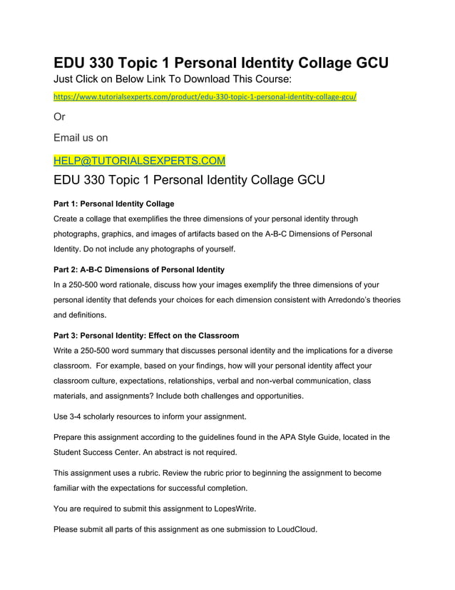 EDU 330 Topic 1 Personal Identity Collage GCU PDF