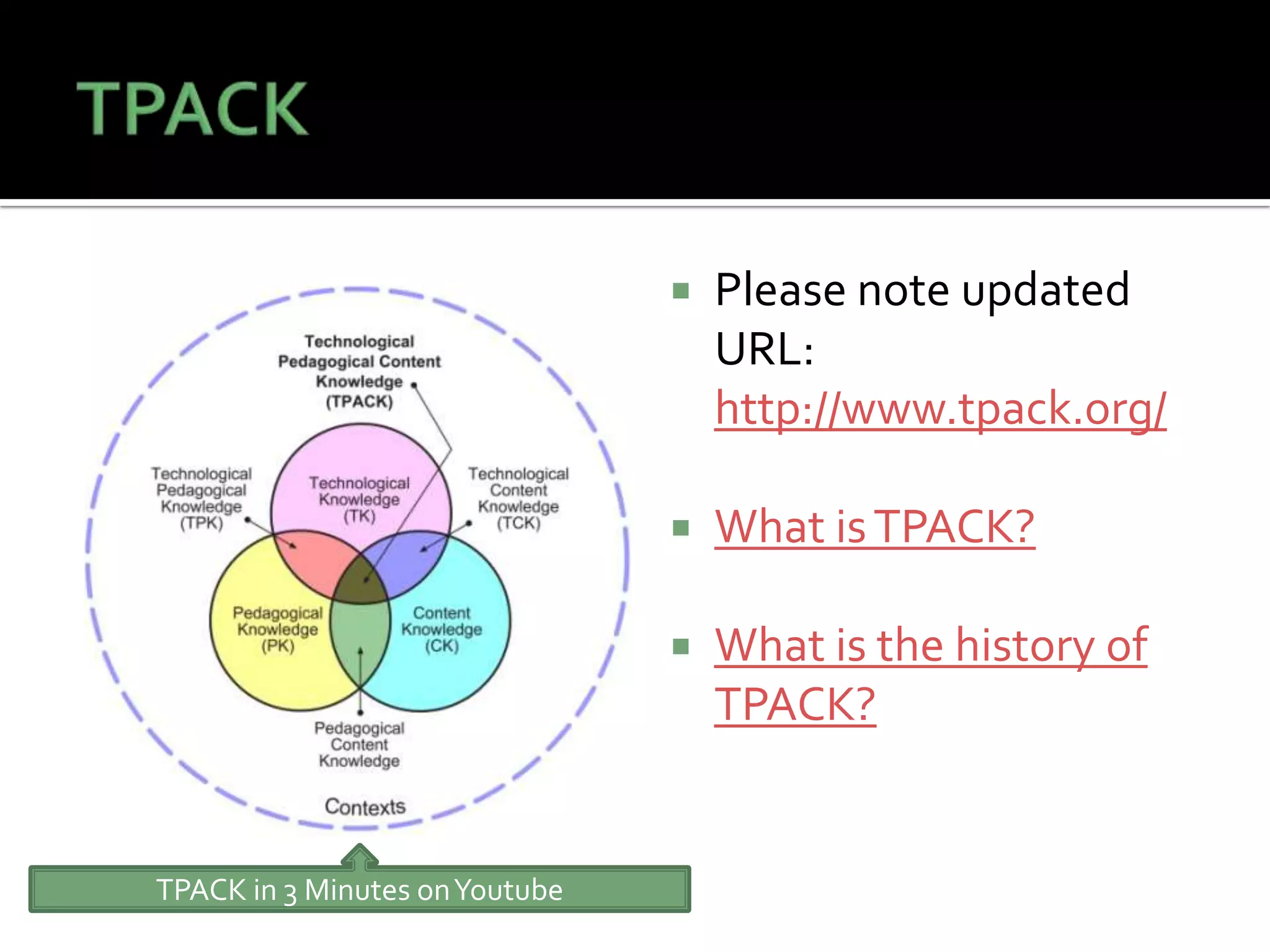  Please note updated
URL:
http://www.tpack.org/
 What isTPACK?
 What is the history of
TPACK?
TPACK in 3 Minutes onYoutube
 