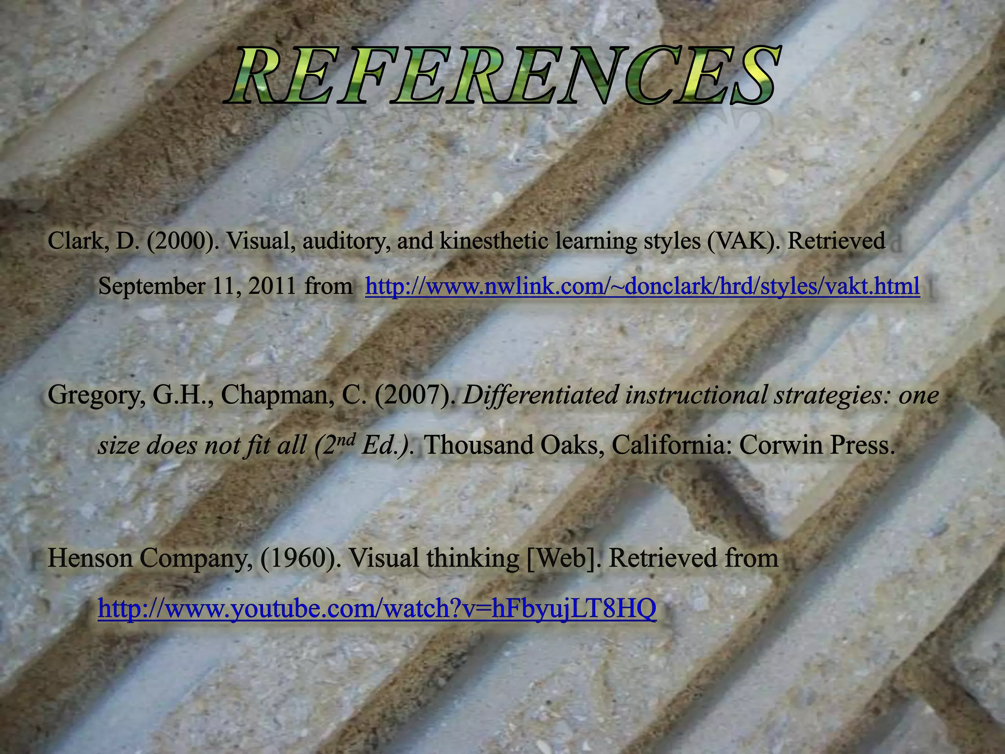 Auditory LearningAuditory learners can absorb spoken and heard materials easily, and prefer discussions over reading. They enjoy lectures, stories, and songs. Voice inflection and pitch greatly benefit this type of learner (Gregory & Chapman, 2007).Traits describing auditory learners are:Reads to self out loud.