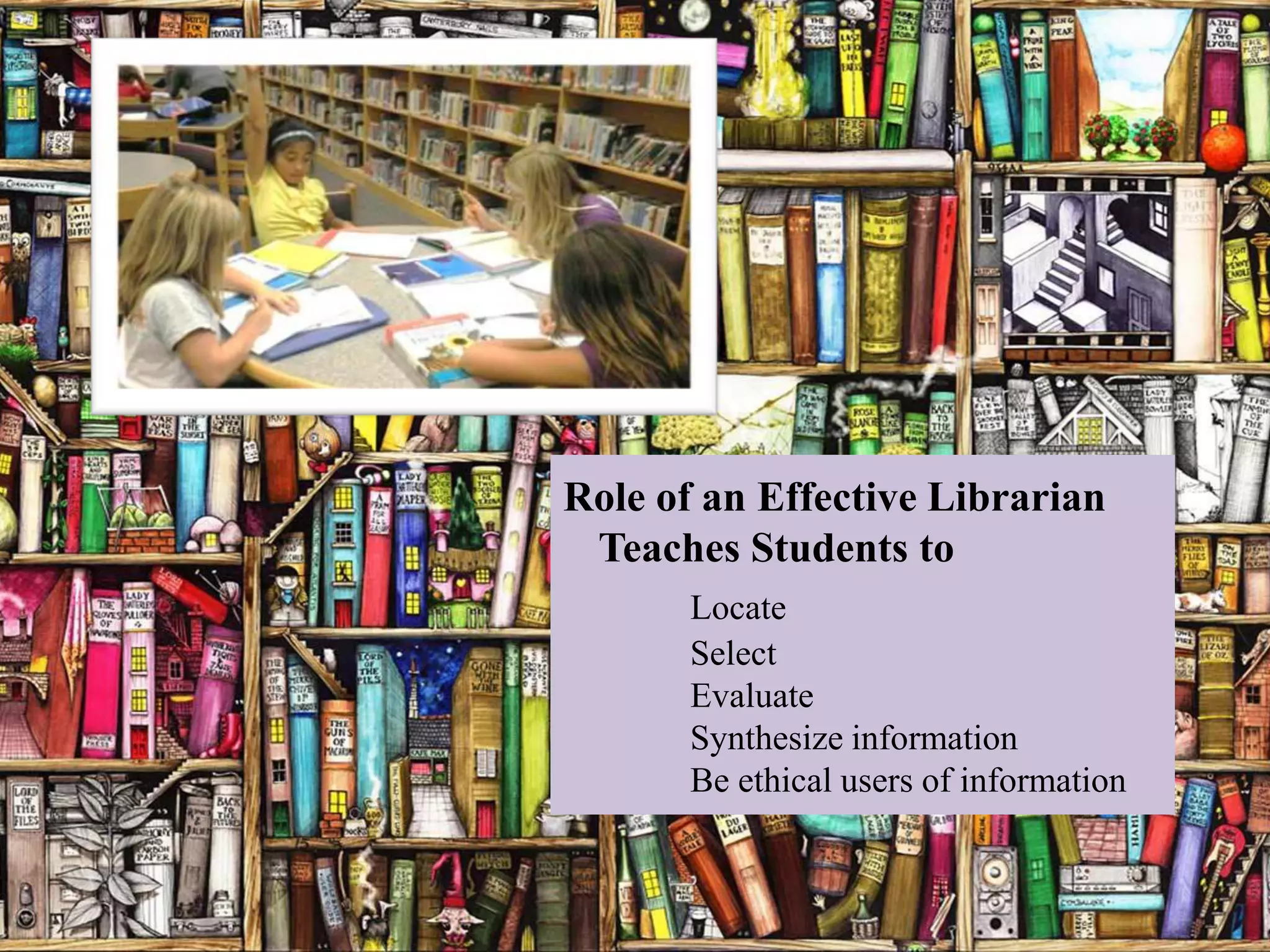 Role of an Effective Librarian
 Teaches Students to
       Locate
       Select
       Evaluate
       Synthesize information
       Be ethical users of information
 