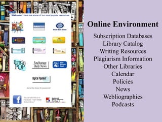 Online Environment
 Subscription Databases
    Library Catalog
   Writing Resources
 Plagiarism Information
     Other Libraries
        Calendar
         Policies
          News
    Webliographies
        Podcasts
 