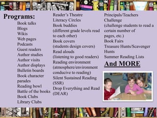 Reader’s Theatre               Principals/Teachers
Programs:              Literacy Circles               Challenge
   Book talks
                       Book buddies                   (challenge students to read a
   Blogs
                       (different grade levels read   certain number of
   Wikis               to each other)                 pages, etc.)
   Web pages                                          Book Fairs
                       Book covers
   Podcasts            (students design covers)       Treasure Hunts/Scavenger
   Guest readers                                      Hunts
                       Read alouds
   Author studies      (listening to good readers)    Summer Reading Lists
   Author visits
                       Reading environment
   Author displays     (atmosphere/environment
                                                      And MORE
   Bulletin boards     conducive to reading)
   Book character      Silent Sustained Reading
   parades             (SSR)
   Reading bowl
                       Drop Everything and Read
   Battle of the books
                       (DEAR)
   Book Clubs
   Library Clubs
 