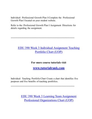 Individual: Professional Growth Plan I Complete the Professional
Growth Plan I located on your student website.
Refer to the: Professional Growth Plan I Assignment Directions for
details regarding the assignment.
===============================================
EDU 390 Week 3 Individual Assignment Teaching
Portfolio Chart (UOP)
For more course tutorials visit
www.tutorialrank.com
Individual: Teaching Portfolio Chart Create a chart that identifies five
purposes and five benefits of teaching portfolios.
===============================================
EDU 390 Week 3 Learning Team Assignment
Professional Organizations Chart (UOP)
 