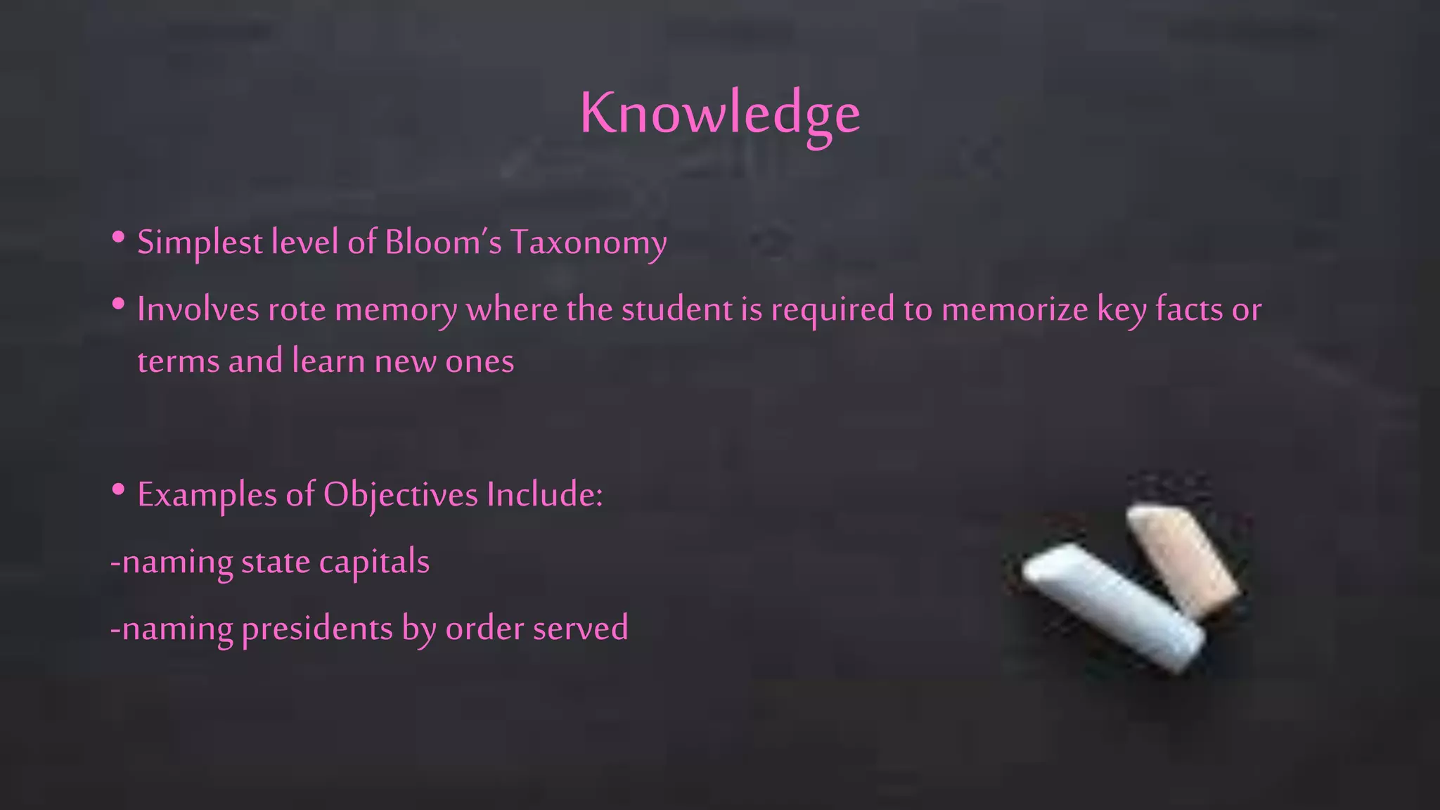 Knowledge
• Simplest level of Bloom’s Taxonomy
• Involves rote memory wherethe studentis required to memorizekeyfacts or
terms and learn newones
• Examples of Objectives Include:
-namingstatecapitals
-namingpresidents by order served
 