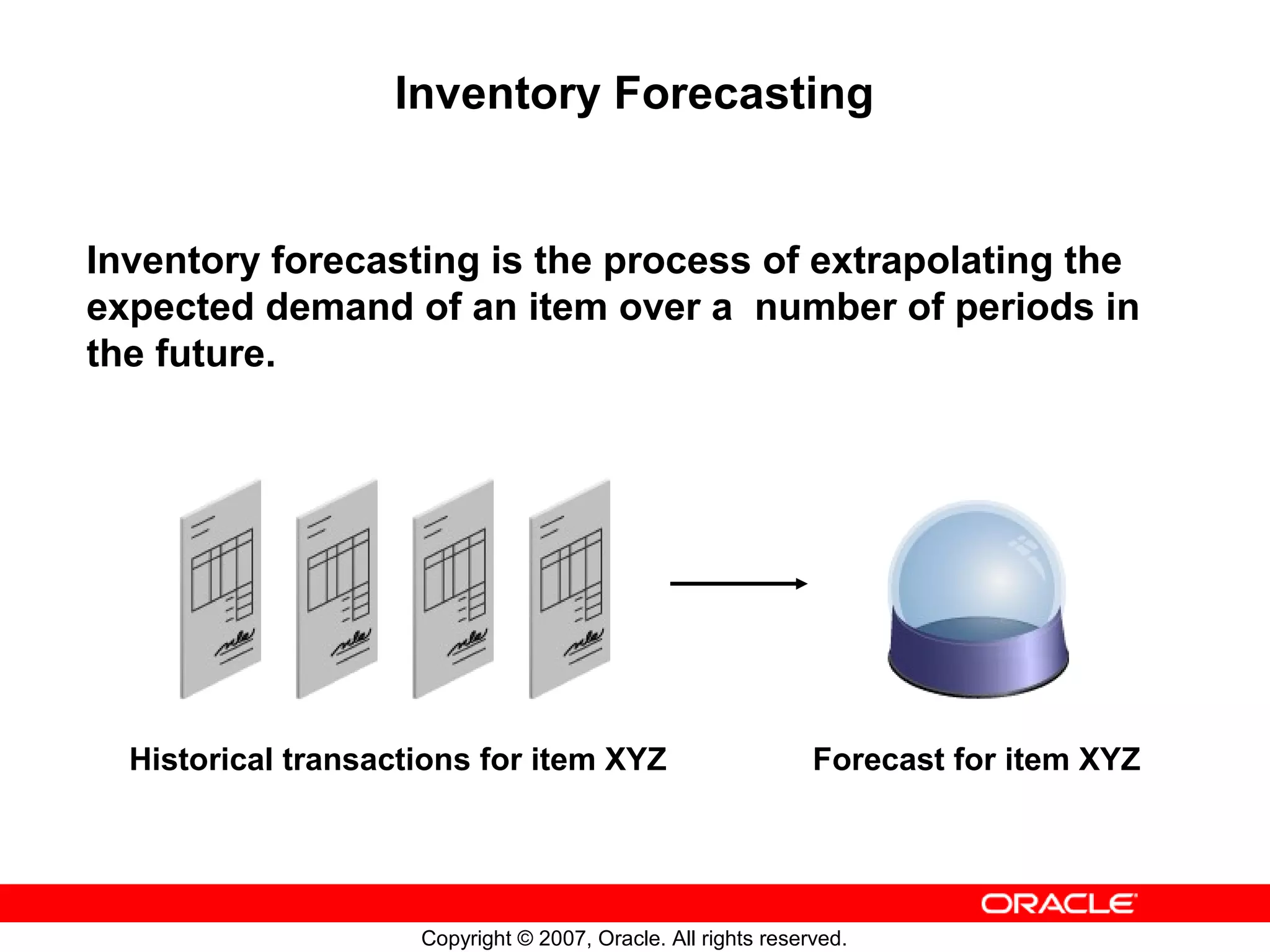 Inventory Forecasting


Inventory forecasting is the process of extrapolating the
expected demand of an item over a number of periods in
the future.




  Historical transactions for item XYZ                         Forecast for item XYZ




                     Copyright © 2007, Oracle. All rights reserved.
 