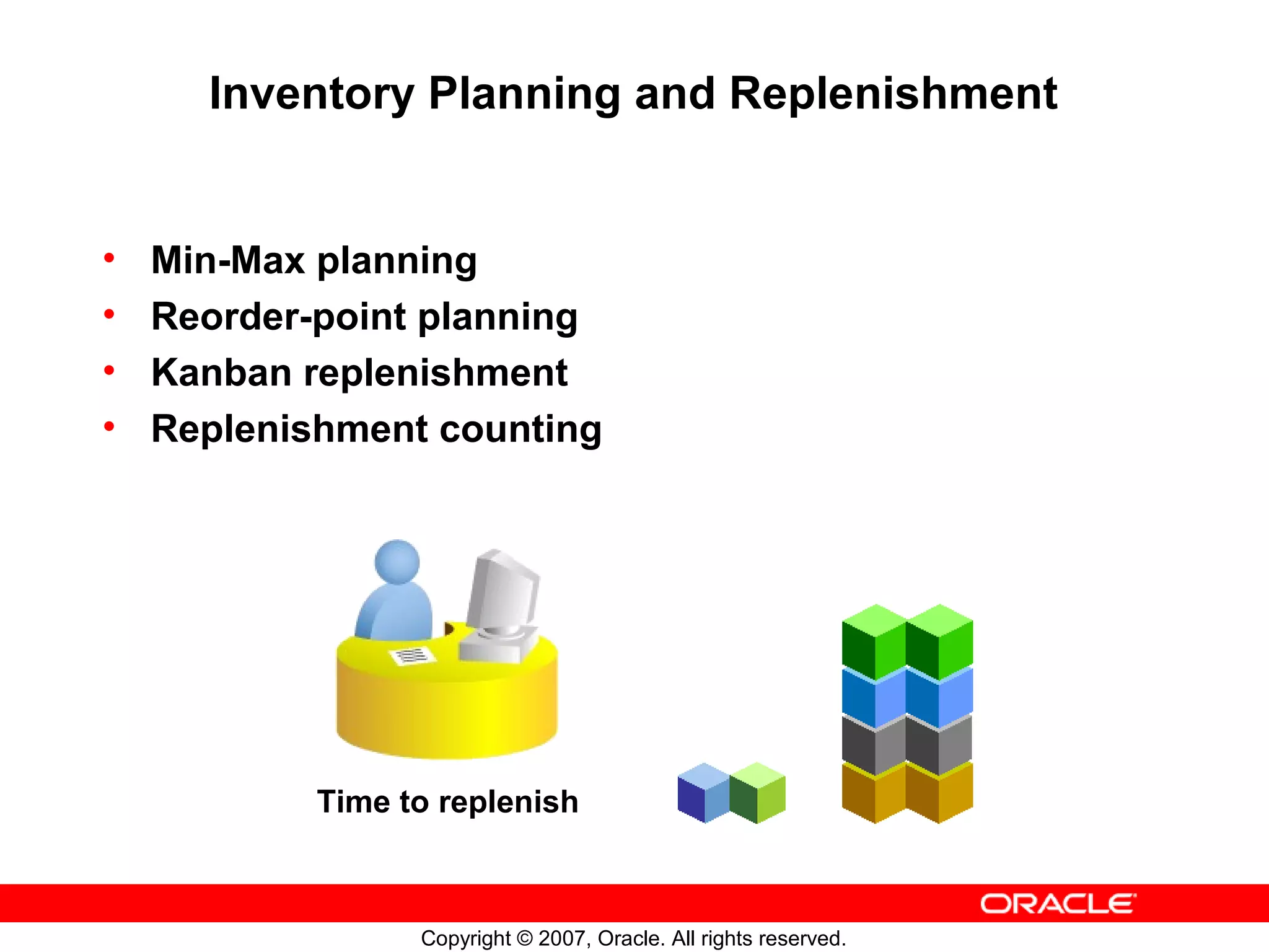 Inventory Planning and Replenishment


•   Min-Max planning
•   Reorder-point planning
•   Kanban replenishment
•   Replenishment counting




            Time to replenish



                  Copyright © 2007, Oracle. All rights reserved.
 
