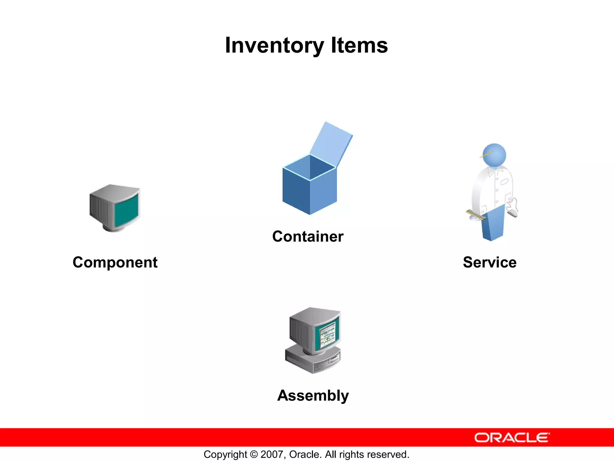 Inventory Items




                           Container
Component                                                    Service




                            Assembly


            Copyright © 2007, Oracle. All rights reserved.
 
