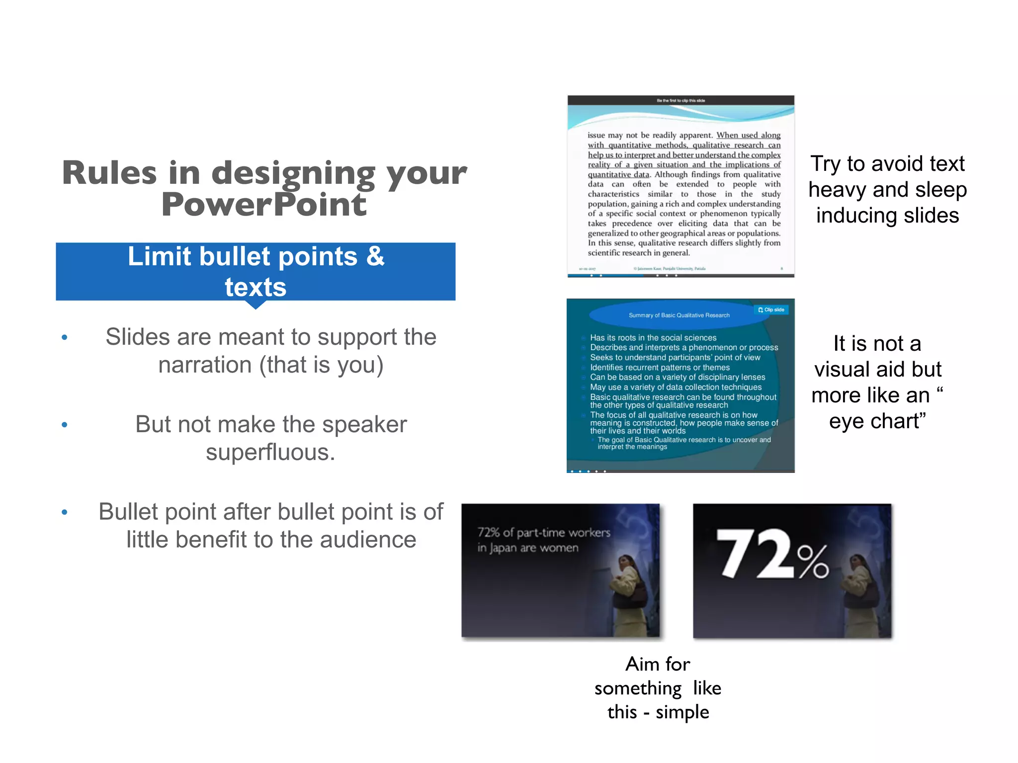 • Slides are meant to support the
narration (that is you)
• But not make the speaker
superfluous.
• Bullet point after bullet point is of
little benefit to the audience
Limit bullet points &
texts
Try to avoid text
heavy and sleep
inducing slides
It is not a
visual aid but
more like an “
eye chart”
Aim for
something like
this - simple
Rules in designing your
PowerPoint
 