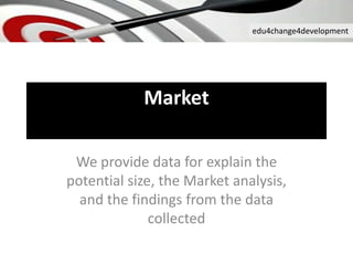 edu4change4development
Market
We provide data for explain the
potential size, the Market analysis,
and the findings from the data
collected
 
