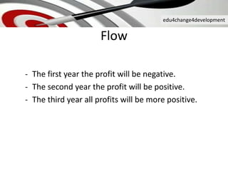 edu4change4development
Flow
- The first year the profit will be negative.
- The second year the profit will be positive.
- The third year all profits will be more positive.
 