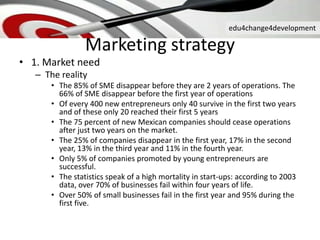 edu4change4development
• 1. Market need
– The reality
• The 85% of SME disappear before they are 2 years of operations. The
66% of SME disappear before the first year of operations
• Of every 400 new entrepreneurs only 40 survive in the first two years
and of these only 20 reached their first 5 years
• The 75 percent of new Mexican companies should cease operations
after just two years on the market.
• The 25% of companies disappear in the first year, 17% in the second
year, 13% in the third year and 11% in the fourth year.
• Only 5% of companies promoted by young entrepreneurs are
successful.
• The statistics speak of a high mortality in start-ups: according to 2003
data, over 70% of businesses fail within four years of life.
• Over 50% of small businesses fail in the first year and 95% during the
first five.
Marketing strategy
 