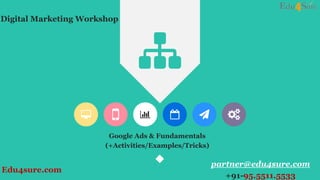 Google Ads & Fundamentals
(+Activities/Examples/Tricks)
Digital Marketing Workshop
partner@edu4sure.com
+91-95.5511.5533
Edu4sure.com
 
