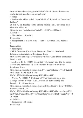 http://www.edweek.org/ew/articles/2015/01/09/nclb-rewrite-
could-target-mandate-on-annual.html
· Video
· Review the video titled “No Child Left Behind: A Decade of
Failure”
(3 min 42 s), located in the online course shell. You may also
view the video at
https://www.youtube.com/watch?v=Q0WUqNO0qo4.
Activities
· Discussion (20 points)
Evaluation
· Assignment 2: Case Study – Turn It Around! (260 points)
7
Preparation
· Reading(s)
· NEA Common Core State Standards Toolkit. National
Education Association. Retrieved from
http://www.nea.org/assets/docs/Common-Core-State-Standards-
Toolkit.pdf .
· Madison, B. L. (2015) Quantitative Literacy and the Common
Core State Standards in Mathematics. Scholar Commons.
Retrieved from
http://eds.a.ebscohost.com/eds/pdfviewer/pdfviewer?vid=2&sid
=0f8862b1-989a-4c06-873b-
f0a5d252b9d9%40sessionmgr4002&hid=4113
· Wolfe, A. (2015) A Critique of ‘The Common Core is a
Change for the Better’. ASA Journal of Scholarship and
Practice. Retrieved from
http://eds.a.ebscohost.com/eds/detail/detail?vid=3&sid=0f8862b
1-989a-4c06-873b-
f0a5d252b9d9%40sessionmgr4002&hid=4113&bdata=JnNpdGU
9ZWRzLWxpdmUmc2NvcGU9c2l0ZQ%3d%3d#db=eue&AN=10
0670256
Activities
· Discussion (20 points)
Evaluation
 