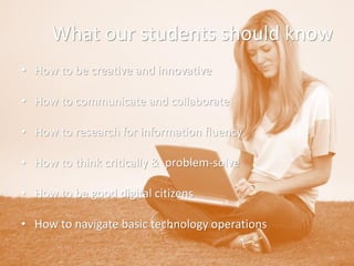 What our students should know 
•How to be creative and innovative 
•How to communicate and collaborate 
•How to research for information fluency 
•How to think critically & problem-solve 
•How to be good digital citizens 
•How to navigate basic technology operations  
