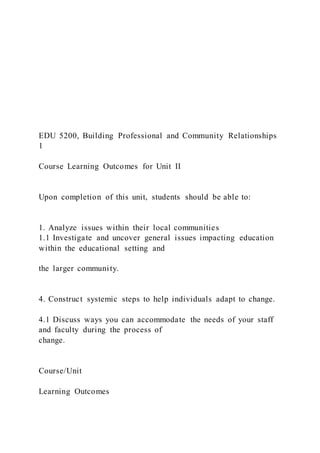 EDU 5200, Building Professional and Community Relationships
1
Course Learning Outcomes for Unit II
Upon completion of this unit, students should be able to:
1. Analyze issues within their local communities
1.1 Investigate and uncover general issues impacting education
within the educational setting and
the larger community.
4. Construct systemic steps to help individuals adapt to change.
4.1 Discuss ways you can accommodate the needs of your staff
and faculty during the process of
change.
Course/Unit
Learning Outcomes
 