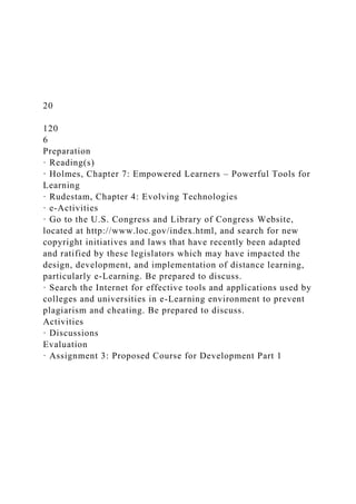 20
120
6
Preparation
· Reading(s)
· Holmes, Chapter 7: Empowered Learners – Powerful Tools for
Learning
· Rudestam, Chapter 4: Evolving Technologies
· e-Activities
· Go to the U.S. Congress and Library of Congress Website,
located at http://www.loc.gov/index.html, and search for new
copyright initiatives and laws that have recently been adapted
and ratified by these legislators which may have impacted the
design, development, and implementation of distance learning,
particularly e-Learning. Be prepared to discuss.
· Search the Internet for effective tools and applications used by
colleges and universities in e-Learning environment to prevent
plagiarism and cheating. Be prepared to discuss.
Activities
· Discussions
Evaluation
· Assignment 3: Proposed Course for Development Part 1
 