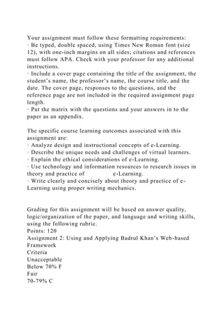 Your assignment must follow these formatting requirements:
· Be typed, double spaced, using Times New Roman font (size
12), with one-inch margins on all sides; citations and references
must follow APA. Check with your professor for any additional
instructions.
· Include a cover page containing the title of the assignment, the
student’s name, the professor’s name, the course title, and the
date. The cover page, responses to the questions, and the
reference page are not included in the required assignment page
length.
· Put the matrix with the questions and your answers in to the
paper as an appendix.
The specific course learning outcomes associated with this
assignment are:
· Analyze design and instructional concepts of e-Learning.
· Describe the unique needs and challenges of virtual learners.
· Explain the ethical considerations of e-Learning.
· Use technology and information resources to research issues in
theory and practice of e-Learning.
· Write clearly and concisely about theory and practice of e-
Learning using proper writing mechanics.
Grading for this assignment will be based on answer quality,
logic/organization of the paper, and language and writing skills,
using the following rubric.
Points: 120
Assignment 2: Using and Applying Badrul Khan’s Web-based
Framework
Criteria
Unacceptable
Below 70% F
Fair
70-79% C
 