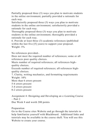 Partially proposed three (3) ways you plan to motivate students
in the online environment; partially provided a rationale for
each way.
Satisfactorily proposed three (3) ways you plan to motivate
students in the online environment; satisfactorily provided a
rationale for each way.
Thoroughly proposed three (3) ways you plan to motivate
students in the online environment; thoroughly provided a
rationale for each way.
6. Provide at least three (3) academic references (published
within the last five [5] years) to support your proposal.
Weight: 5%
No references provided-.
Does not meet the required number of references; some or all
references poor quality choices.
Meets number of required references; all references high-
quality choices.
Exceeds number of required references; all references high-
quality choices.
7. Clarity, writing mechanics, and formatting requirements
Weight: 10%
More than 6 errors present
5-6 errors present
3-4 errors present
0-2 errors present
Assignment 4: Designing and Developing an e-Learning Course
– Part 2
Due Week 8 and worth 200 points
Preparation
Go to the Course sites Website and go through the tutorials to
help familiarize yourself with Blackboard. Additional links and
tutorials may be available in the course shell. You will use this
Website to create your course.
 