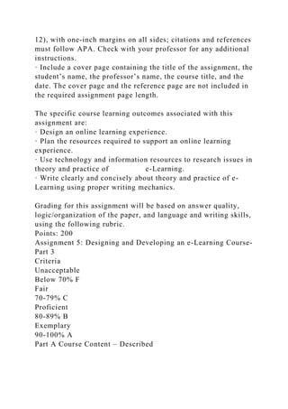 12), with one-inch margins on all sides; citations and references
must follow APA. Check with your professor for any additional
instructions.
· Include a cover page containing the title of the assignment, the
student’s name, the professor’s name, the course title, and the
date. The cover page and the reference page are not included in
the required assignment page length.
The specific course learning outcomes associated with this
assignment are:
· Design an online learning experience.
· Plan the resources required to support an online learning
experience.
· Use technology and information resources to research issues in
theory and practice of e-Learning.
· Write clearly and concisely about theory and practice of e-
Learning using proper writing mechanics.
Grading for this assignment will be based on answer quality,
logic/organization of the paper, and language and writing skills,
using the following rubric.
Points: 200
Assignment 5: Designing and Developing an e-Learning Course-
Part 3
Criteria
Unacceptable
Below 70% F
Fair
70-79% C
Proficient
80-89% B
Exemplary
90-100% A
Part A Course Content – Described
 