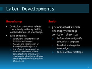 Later Developments

Beauchamp                                  Smith
 Curriculum theory was related             3 principal tasks which
  conceptually to theory building
  in other domains of knowledge.             philosophy can help
 Basic principles:                          curriculum theorists:
    Careful and consistent use of            1.   To formulate and justify
     technical terminology                         educational purposes
    Analysis and classification of
     knowledge and conjecture                 2.   To select and organize
    Use of predictive research to                 knowledge
     increase the number of firm              3.   To deal with verbal traps
     generalizations, or laws, were
     cited as principles that would give
     better explanation for curriculum
     phenomena

                                                                               19
 