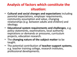 Analysis of factors which constitute the
situation:
• Cultural and social changes and expectations including
parental expectations, employer requirements,
community assumption and value, changing
relationships (e.g. between adults and children) and
ideology.
• Educational system requirements and challenges, e.g.
policy statements, examinations, local authority
expirations or demands or pressures, curriculum
projects, education research.
• The changing nature of the subject matter to be
taught.
• The potential contribution of teacher-support systems,
e.g. teacher training college, research institutes,
professional developments.
 