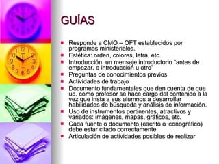 GUÍAS Responde a CMO – OFT establecidos por programas ministeriales. Estética: orden, colores, letra, etc. Introducción: un mensaje introductorio “antes de empezar, o introducción u otro” Preguntas de conocimientos previos Actividades de trabajo Documento fundamentales que den cuenta de que ud. como profesor se hace cargo del contenido a la vez que insta a sus alumnos a desarrollar habilidades de búsqueda y análisis de información. Uso de instrumentos pertinentes, atractivos y variados: imágenes, mapas, gráficos, etc. Cada fuente o documento (escrito o iconográfico) debe estar citado correctamente. Articulación de actividades posibles de realizar