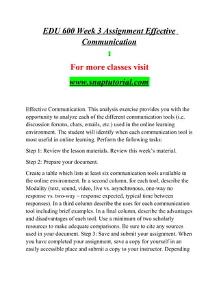 EDU 600 Week 3 Assignment Effective
Communication
For more classes visit
www.snaptutorial.com
Effective Communication. This analysis exercise provides you with the
opportunity to analyze each of the different communication tools (i.e.
discussion forums, chats, emails, etc.) used in the online learning
environment. The student will identify when each communication tool is
most useful in online learning. Perform the following tasks:
Step 1: Review the lesson materials. Review this week’s material.
Step 2: Prepare your document.
Create a table which lists at least six communication tools available in
the online environment. In a second column, for each tool, describe the
Modality (text, sound, video, live vs. asynchronous, one-way no
response vs. two-way – response expected, typical time between
responses). In a third column describe the uses for each communication
tool including brief examples. In a final column, describe the advantages
and disadvantages of each tool. Use a minimum of two scholarly
resources to make adequate comparisons. Be sure to cite any sources
used in your document. Step 3: Save and submit your assignment. When
you have completed your assignment, save a copy for yourself in an
easily accessible place and submit a copy to your instructor. Depending
 