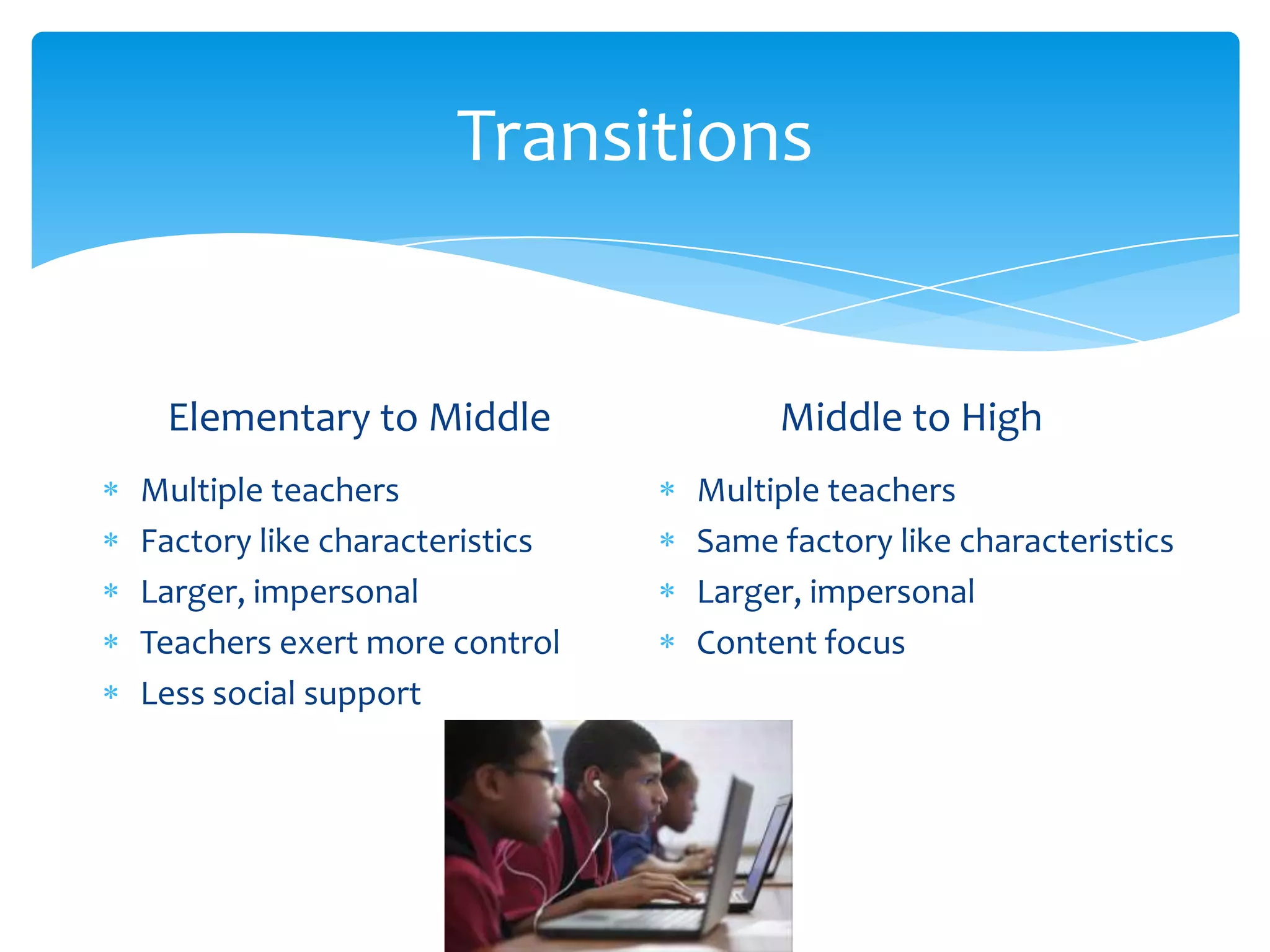 Transitions


 Elementary to Middle               Middle to High
Multiple teachers              Multiple teachers
Factory like characteristics   Same factory like characteristics
Larger, impersonal             Larger, impersonal
Teachers exert more control    Content focus
Less social support
 