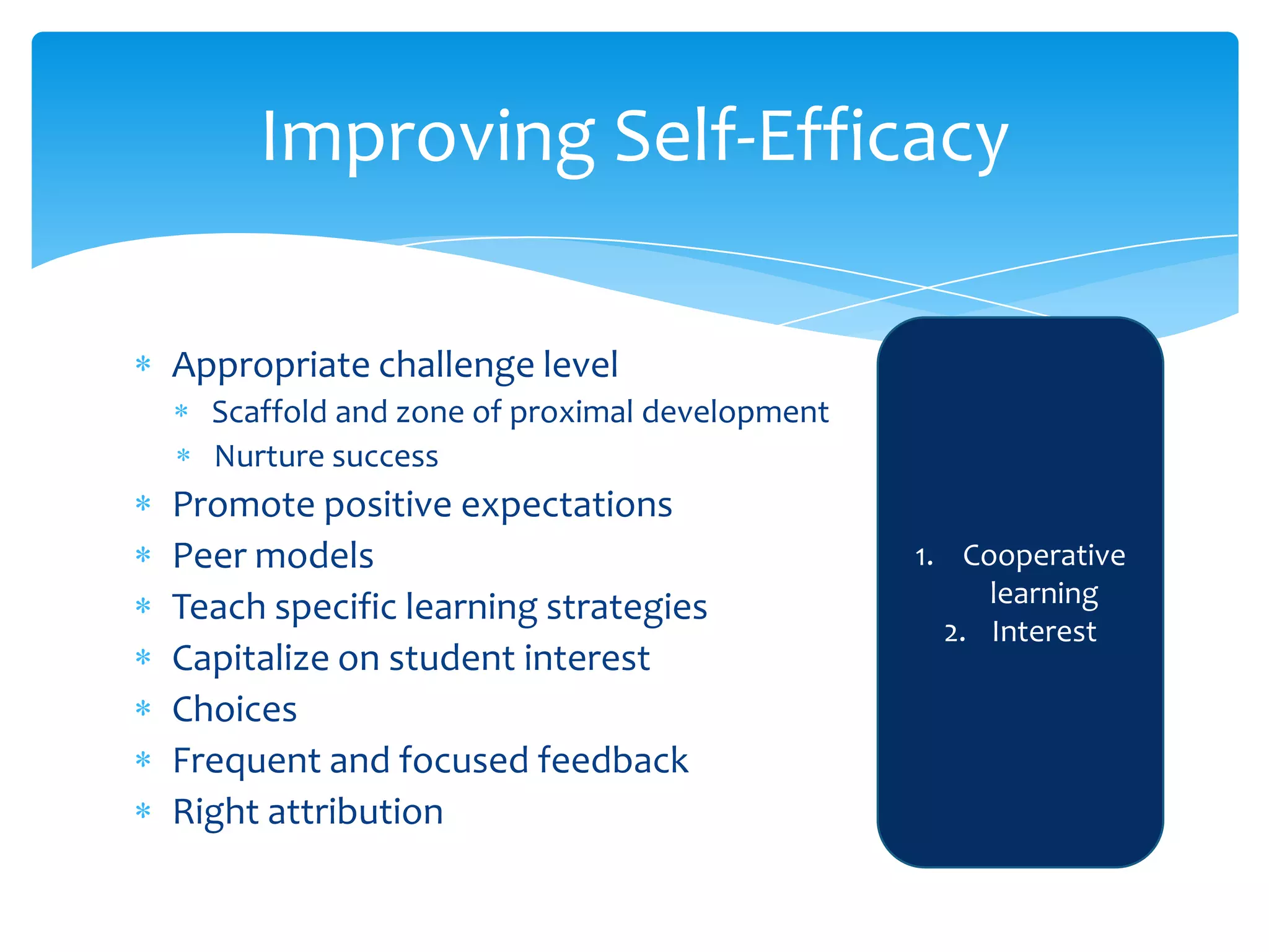 Improving Self-Efficacy

Appropriate challenge level
  Scaffold and zone of proximal development
  Nurture success
Promote positive expectations
Peer models                                   1. Cooperative
Teach specific learning strategies                 learning
                                                2. Interest
Capitalize on student interest
Choices
Frequent and focused feedback
Right attribution
 
