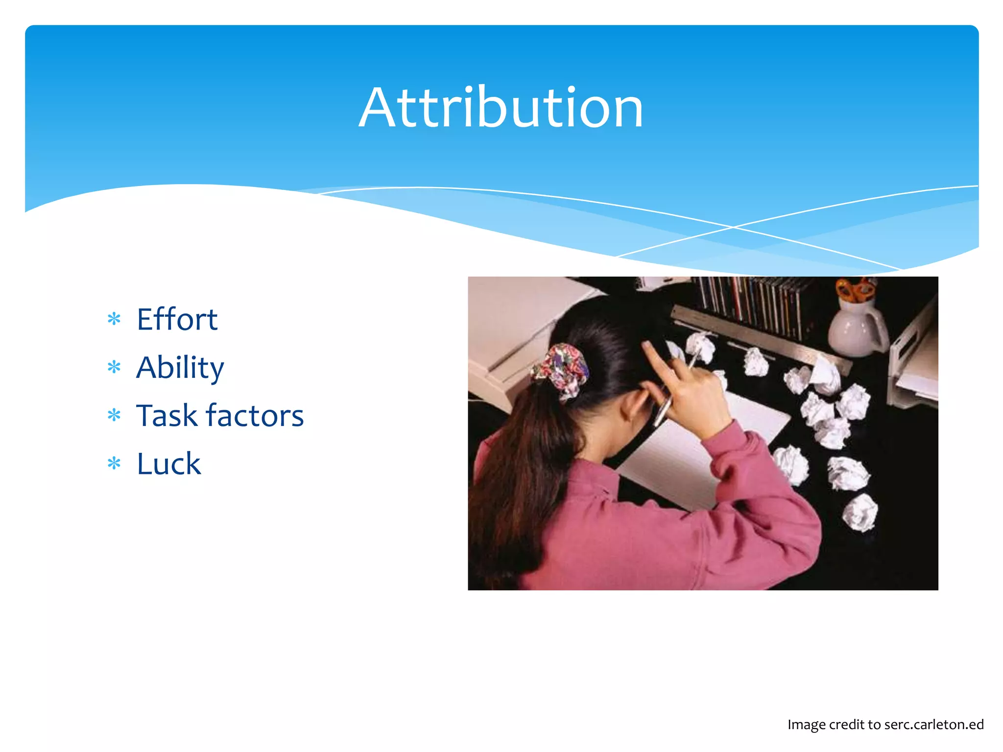 Attribution


Effort
Ability
Task factors
Luck




                             Image credit to serc.carleton.ed
 
