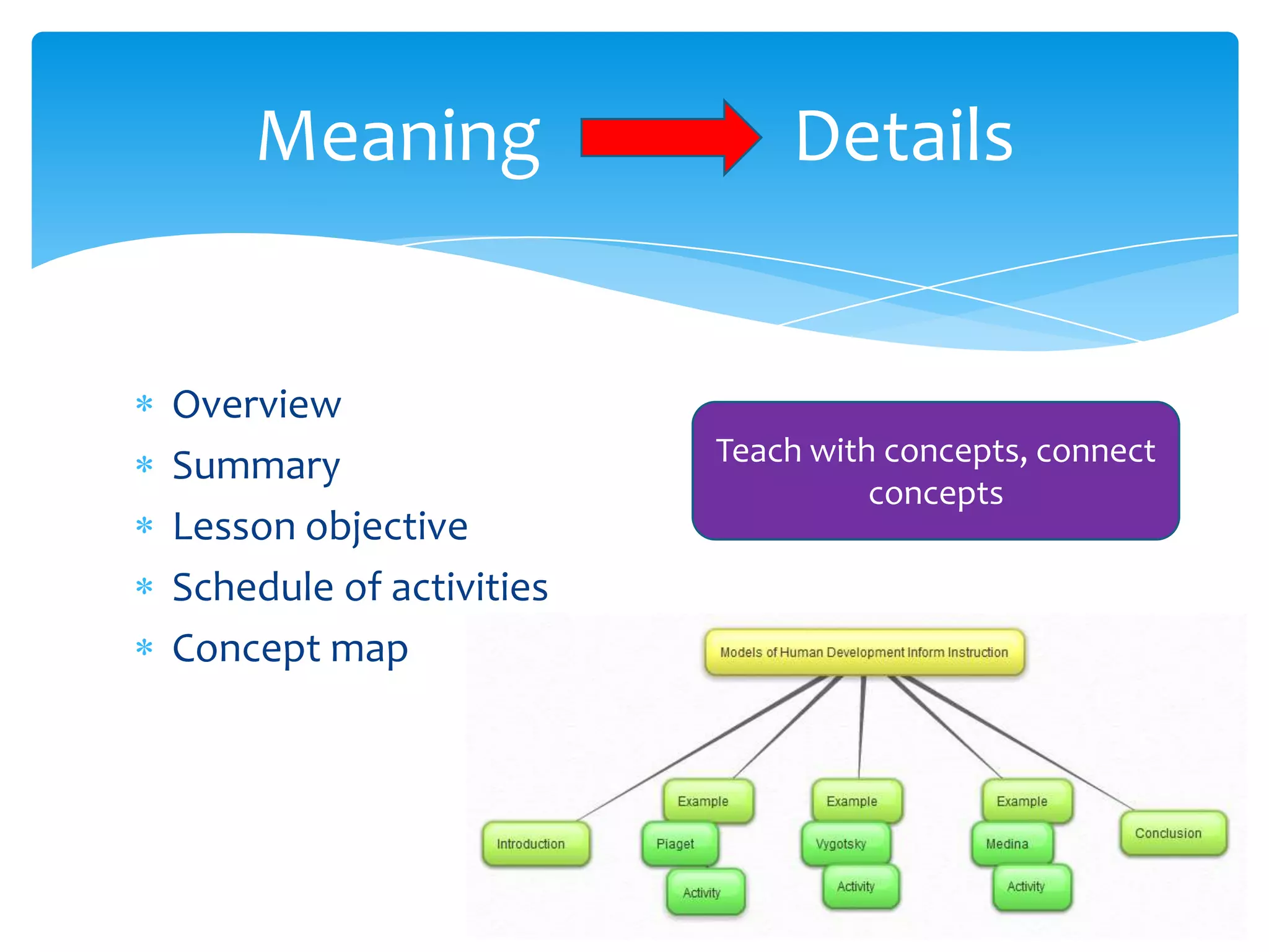 Meaning                  Details


Overview
Summary                  Teach with concepts, connect
                                   concepts
Lesson objective
Schedule of activities
Concept map
 