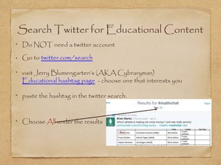 Search Twitter for Educational Content
Do NOT need a twitter account
Go to twitter.com/search
visit Jerry Blumengarten’s (AKA Cybraryman)
Educational hashtag page - choose one that interests you
paste the hashtag in the twitter search.
Choose All under the results
 