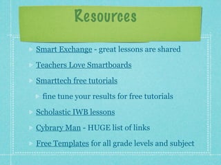 Resources
Smart Exchange - great lessons are shared

Teachers Love Smartboards

Smarttech free tutorials

 fine tune your results for free tutorials

Scholastic IWB lessons

Cybrary Man - HUGE list of links

Free Templates for all grade levels and subject
 