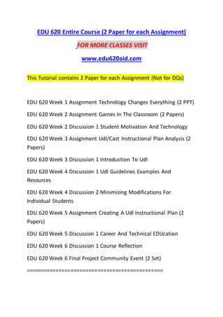 EDU 620 Entire Course (2 Paper for each Assignment)
FOR MORE CLASSES VISIT
www.edu620aid.com
This Tutorial contains 2 Paper for each Assignment (Not for DQs)
EDU 620 Week 1 Assignment Technology Changes Everything (2 PPT)
EDU 620 Week 2 Assignment Games In The Classroom (2 Papers)
EDU 620 Week 2 Discussion 1 Student Motivation And Technology
EDU 620 Week 3 Assignment Udl/Cast Instructional Plan Analysis (2
Papers)
EDU 620 Week 3 Discussion 1 Introduction To Udl
EDU 620 Week 4 Discussion 1 Udl Guidelines Examples And
Resources
EDU 620 Week 4 Discussion 2 Minimizing Modifications For
Individual Students
EDU 620 Week 5 Assignment Creating A Udl Instructional Plan (2
Papers)
EDU 620 Week 5 Discussion 1 Career And Technical EDUcation
EDU 620 Week 6 Discussion 1 Course Reflection
EDU 620 Week 6 Final Project Community Event (2 Set)
==============================================
 