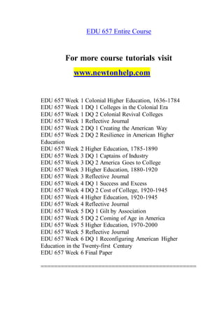 EDU 657 Entire Course
For more course tutorials visit
www.newtonhelp.com
EDU 657 Week 1 Colonial Higher Education, 1636-1784
EDU 657 Week 1 DQ 1 Colleges in the Colonial Era
EDU 657 Week 1 DQ 2 Colonial Revival Colleges
EDU 657 Week 1 Reflective Journal
EDU 657 Week 2 DQ 1 Creating the American Way
EDU 657 Week 2 DQ 2 Resilience in American Higher
Education
EDU 657 Week 2 Higher Education, 1785-1890
EDU 657 Week 3 DQ 1 Captains of Industry
EDU 657 Week 3 DQ 2 America Goes to College
EDU 657 Week 3 Higher Education, 1880-1920
EDU 657 Week 3 Reflective Journal
EDU 657 Week 4 DQ 1 Success and Excess
EDU 657 Week 4 DQ 2 Cost of College, 1920-1945
EDU 657 Week 4 Higher Education, 1920-1945
EDU 657 Week 4 Reflective Journal
EDU 657 Week 5 DQ 1 Gilt by Association
EDU 657 Week 5 DQ 2 Coming of Age in America
EDU 657 Week 5 Higher Education, 1970-2000
EDU 657 Week 5 Reflective Journal
EDU 657 Week 6 DQ 1 Reconfiguring American Higher
Education in the Twenty-first Century
EDU 657 Week 6 Final Paper
==============================================
 