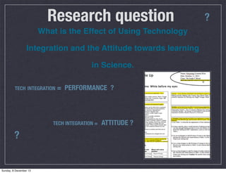 Research question
What is the Effect of Using Technology
Integration and the Attitude towards learning
in Science.
TECH INTEGRATION

= PERFORMANCE ?

TECH INTEGRATION =

?

Sunday, 8 December 13

ATTITUDE ?

?

 