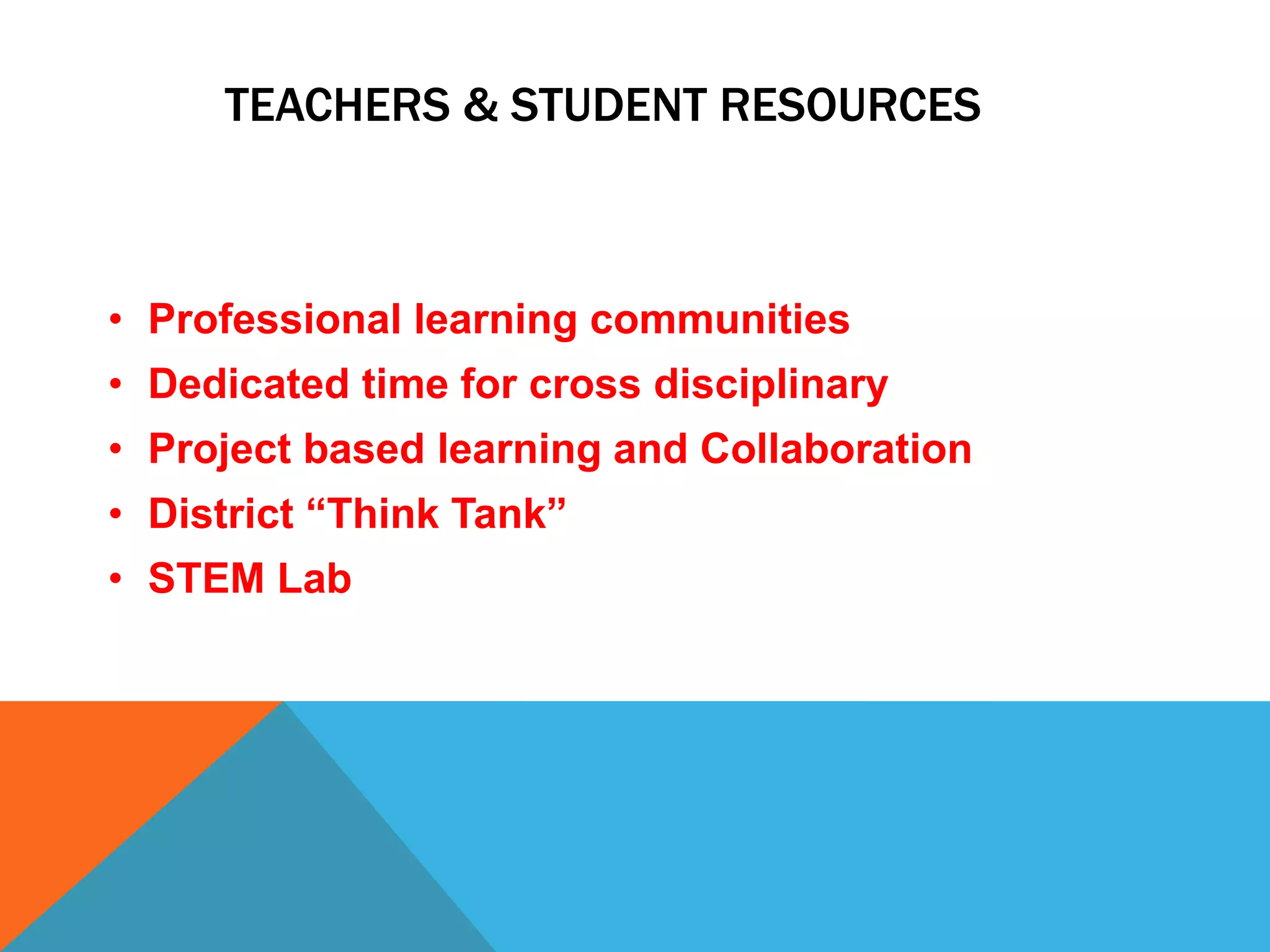 TEACHERS & STUDENT RESOURCES
• Professional learning communities
• Dedicated time for cross disciplinary
• Project based learning and Collaboration
• District “Think Tank”
• STEM Lab
 