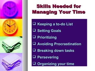 Skills Needed forSkills Needed for
Managing Your TimeManaging Your Time
 Keeping a to-do List
 Setting Goals
 Prioritizing
 Avoiding Procrastination
 Breaking down tasks
 Persevering
 Organizing your time
 