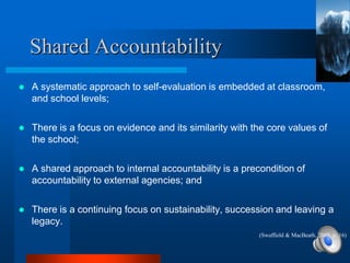Shared Accountability
   A systematic approach to self-evaluation is embedded at classroom,
    and school levels;

   There is a focus on evidence and its similarity with the core values of
    the school;

   A shared approach to internal accountability is a precondition of
    accountability to external agencies; and

   There is a continuing focus on sustainability, succession and leaving a
    legacy.
                                                          (Swaffield & MacBeath, 2009, p. 16)
 
