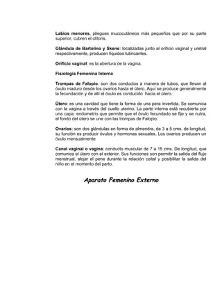 EO-PNP EDUCACIÓN SEXUAL Y DESARROLLO PERSONAL
Labios menores, pliegues mucocutáneos más pequeños que por su parte
superior, cubren el clítoris.
Glándula de Bartolino y Skene: localizadas junto al orificio vaginal y uretral
respectivamente, producen líquidos lubricantes.
Orificio vaginal: es la abertura de la vagina.
Fisiología Femenina Interna
Trompas de Falopio: son dos conductos a manera de tubos, que llevan al
óvulo maduro desde los ovarios hasta el útero. Aquí se produce generalmente
la fecundación y de allí el óvulo es conducido hacia el útero.
Útero: es una cavidad que tiene la forma de una pera invertida. Se comunica
con la vagina a través del cuello uterino. La parte interna está recubierta por
una capa: endometrio que permite que el óvulo fecundado se fije y se nutra,
el fondo del útero se une con las trompas de Falopio.
Ovarios: son dos glándulas en forma de almendra, de 3 a 5 cms. de longitud,
su función es producir óvulos y hormonas sexuales. Los ovarios producen un
óvulo mensualmente
Canal vaginal o vagina: conducto muscular de 7 a 15 cms. De longitud, que
comunica el útero con el exterior. Sus funciones son permitir la salida del flujo
menstrual, alojar el pene durante la relación coital y posibilitar la salida del
niño en el momento del parto.
Aparato Femenino ExternoAparato Femenino Externo
 