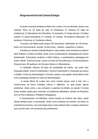 14
Diagnoseda Escola Campo Estágio
A escola municipal professora Maria de Lourdes Lima de Almeida, possui uma
estrutura física de: 20 salas de aula, 01 bibliotecas, 01 diretoria, 01 salas de
professores, 01 laboratórios de informática, 01 secretaria, 01 áreas de lazer, 01 pátios
coberto, 01 pátios descoberto, 01 cantinas, 01 cozinha, 03 banheiros Masculino, 03
banheiros Femininos e 2 banheiros infantis.
A escola e de Médio porte possui 872 educandos distribuídos em 39 turmas,
tendo seu funcionamento durante os três turnos, matutino, vespertino e noturno.
A diretora e a senhora Daniela Bezerra Lopes, tendo como secretaria a senhora
Nara Pollyana Cordeiro da Mota, tendo como coordenadoras pedagógicas do ensino
fundamental, Edivaneide Venâncio e Kátia Feitosa, e coordenadora pedagógica do
ensino Infantil Verônica Souza, possui um total de 40 professores, 04 administrativos
Educacionais, 06 auxiliares de Serviços Gerais e 4 Merendeiras.
A instituição oferecer 05 tipos de modalidade de ensino, nas quais são:
Educação Infantil, Ensino Fundamental I, Ensino Fundamental II, Educação de Jovens
e Adultos, Ciclos de Aprendizagem e Creche, possuiu uma gestão democrática e tem
como pedagogia adotada os ciclos de Aprendizagem.
A escola Maria de Lurdes tem como missão educar para a vida com o
compromisso de forma cidadãos críticos e reflexivos, no qual possui alguns
problemas, tendo como o seu principal, a ausência da família na escola. A escola
busca realizar ações para minimizar os problemas detectados, através de Reuniões
com os Pais e Mestres e Plantões Pedagógicos.
O funcionamento da biblioteca, ocorre durante os horários das aulas, sendo
aberta também para a comunidade, tendo como atividade de incentivo de leitura os
empréstimos de livros, com premiação para o mais assíduo leitor e projetos de leituras
que ocorrem junto com parcerias dos professores.
 