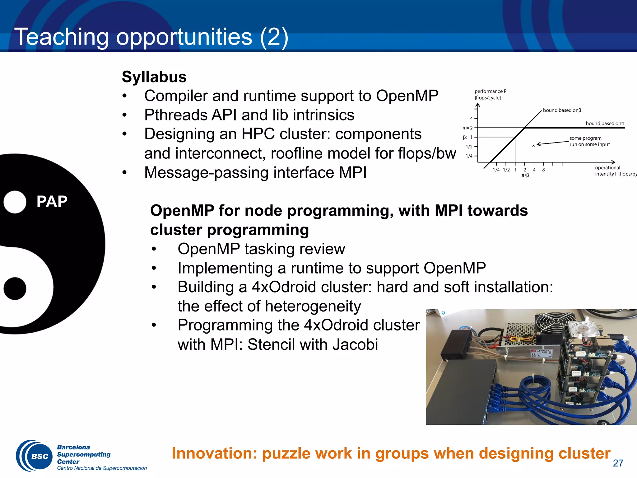 27
Teaching opportunities (2)
PAP
Syllabus
• Compiler and runtime support to OpenMP
• Pthreads API and lib intrinsics
• Designing an HPC cluster: components
and interconnect, roofline model for flops/bw
• Message-passing interface MPI
OpenMP for node programming, with MPI towards
cluster programming
• OpenMP tasking review
• Implementing a runtime to support OpenMP
• Building a 4xOdroid cluster: hard and soft installation:
the effect of heterogeneity
• Programming the 4xOdroid cluster
with MPI: Stencil with Jacobi
Innovation: puzzle work in groups when designing cluster
 