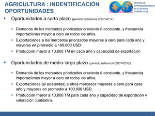 12
CENTRO DE
APROVECHAMIENTO
DE ACUERDOS
COMERCIALES
 Oportunidades a corto plazo (periodo referencia 2007-2012)
 Demanda de los mercados priorizados creciente ó constante, y frecuencia
importaciones mayor a cero en todos los años.
 Exportaciones a los mercados priorizados mayores a cero para cada año y
mayores en promedio a 100.000 USD
 Producción mayor a 10.000 TM en cada año y capacidad de exportación
 Oportunidades de medio-largo plazo (periodo referencia 2007-2012)
 Demanda de los mercados priorizados creciente ó constante, y frecuencia
importaciones mayor a cero en todos los años.
 Exportaciones (si existentes) a otros mercados mayores a cero para cada
año y mayores en promedio a 100.000 USD.
 Producción mayor a 10.000 TM para cada año y capacidad de exportación y
valoración cualitativa.
AGRICULTURA : INDENTIFICACIÓN
OPORTUNIDADES
 